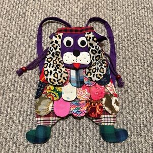 unique handmade mixed media fabric puppy dog mini backpack purse bag